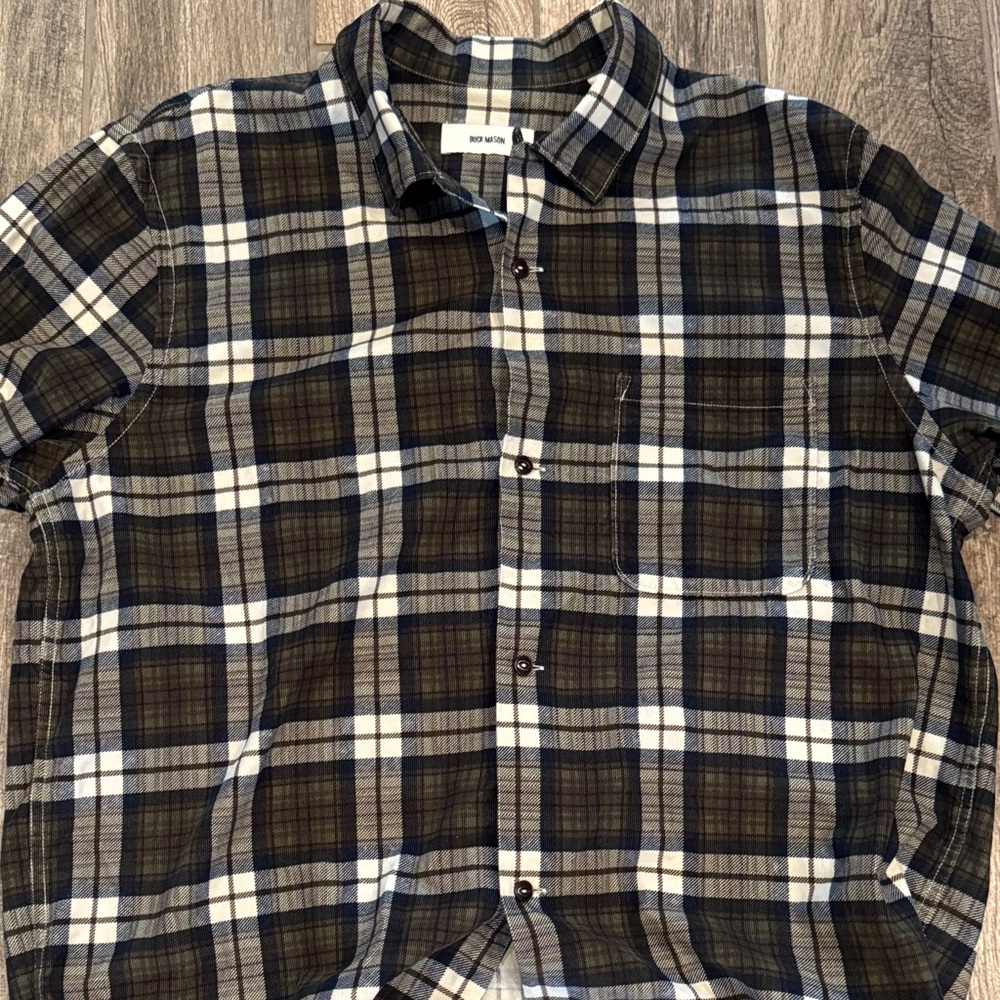 Buck Mason Olive, Navy & White Plaid Button-Down Shirt